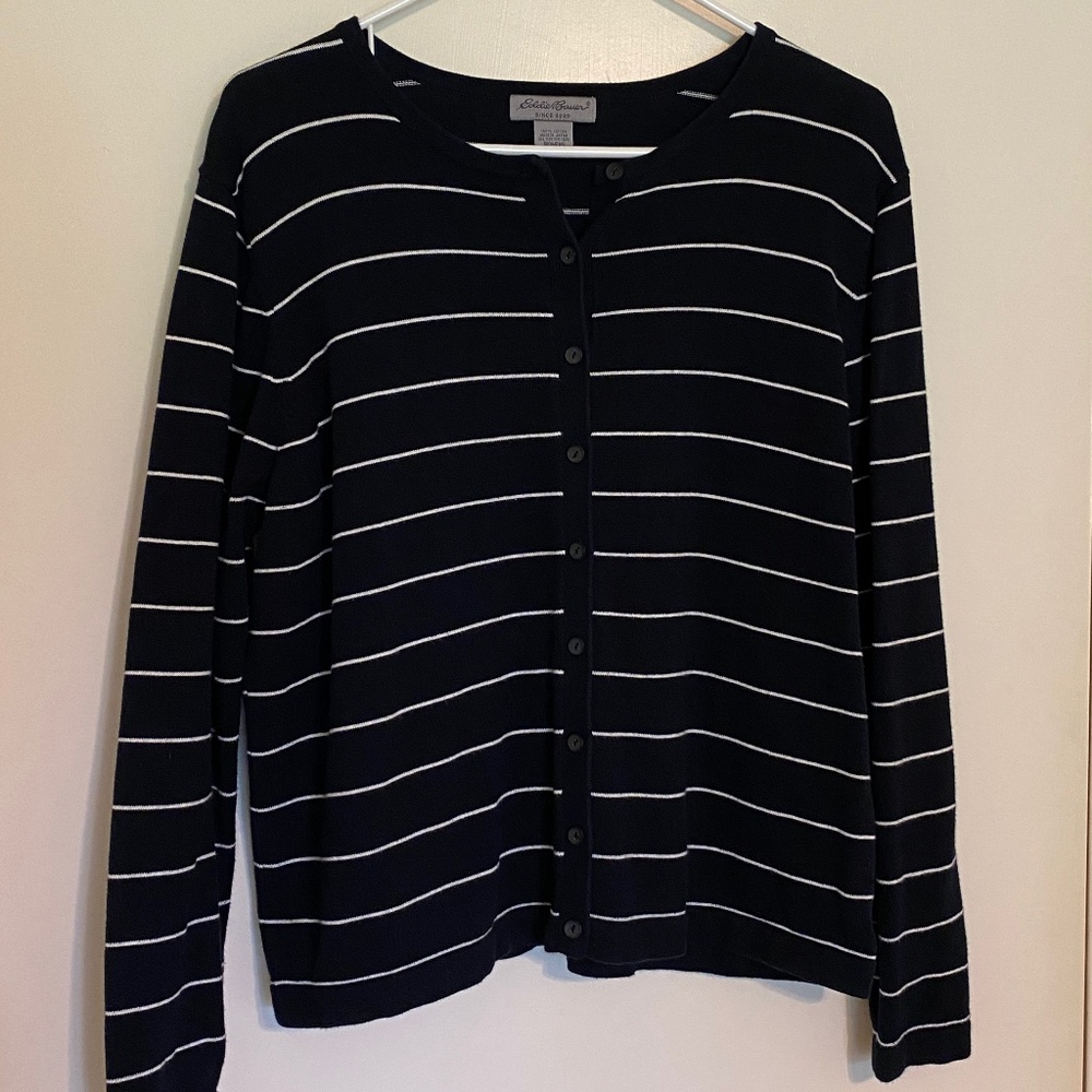 Eddie Bauer Black White Striped Cardigan Sweater sz XL Fall Winter Office School